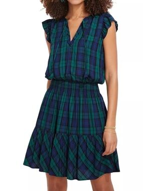 Vineyard Vines Green and Navy Plaid Smocked Waist Dress